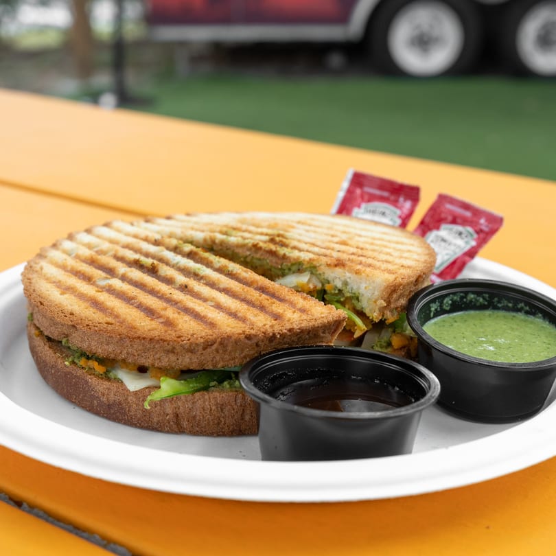 Grilled sandwich cut in half, with green and brown sauces, on a white plate.